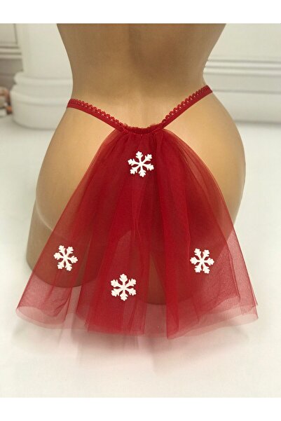 MadyaButik Christmas, New Year's Gift, Women's Red Lace Tulle Thong with Snowflake Detail on the Back, String Model