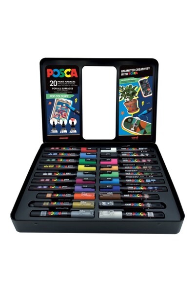 Uni Posca Set 20x Marker POP Colours, metal tin (6x PC-1M,7x PC-3M,7x PC-5M)