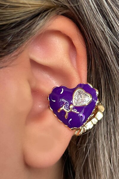 TAKIŞTIR Altın Ve Mor Renk Kalp Figürlü 14K Altın Kaplama TX Ear Cuff (Tek)