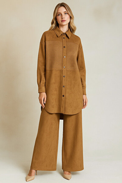 Doque 56056 ÖNDEN ÇITÇITLI GÖĞÜSÜ DETAYLI OVERSİZE SÜET PANTOLONLU TAKIM #10-25#