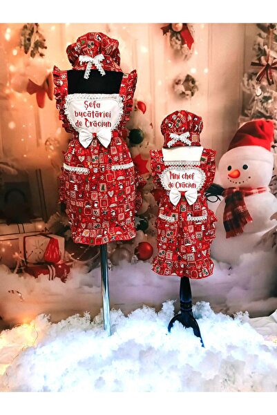 Handmadenow Mother-daughter kitchen apron set with bonnets, 4 pieces, personalized