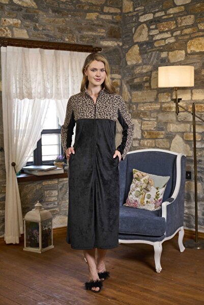 Cossy By Aqua Leopard Print Detailed Front Zipper Velvet Dress Cossybyaqua 26283-44