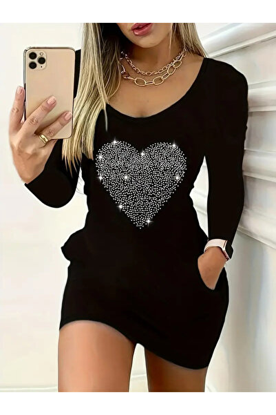 babatr.com Women's Long Sleeve Round Neck Stone Heart Patterned Viscose Two Thread Dress