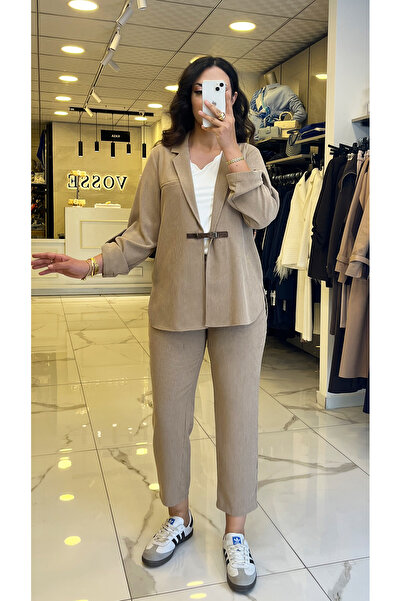 Vosse İndigo Vizon Kemer Detaylı Kadife Takım