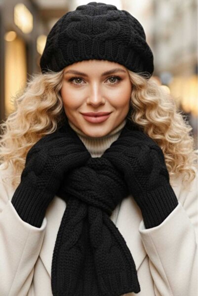Mood Agenda Women's Knitted Patterned Beanie Scarf Gloves Set