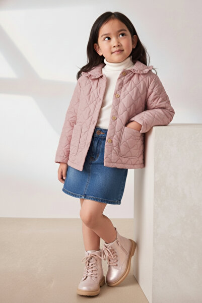 Minipodyum Dalga Desenli Cepli Düğmeli Kapitone Kız Çocuk Ceket