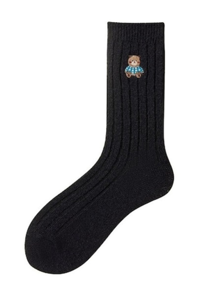 Mixbo - Thick Socks for Women, Black, Bear Pattern, 35-38