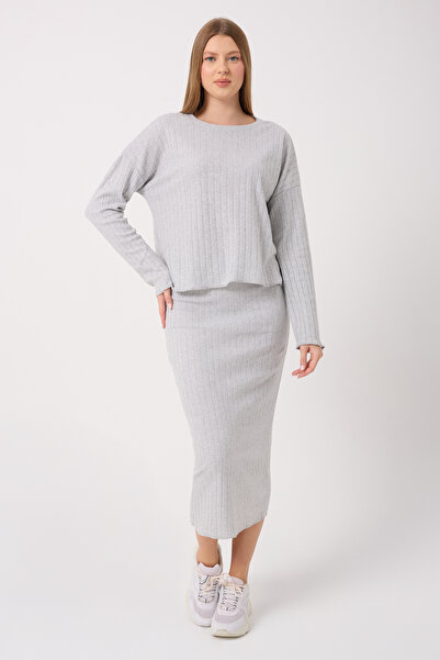 Silk & Spice Women's Corded Fabric Knitted Fabric Comfortable Fit Crew Neck Long Sleeve Skirted Top and Bottom Set