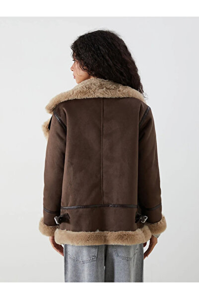 LC Waikiki Xside Loose/Fallaway Cut Fur Collar Suede Look Brown Women's Coat