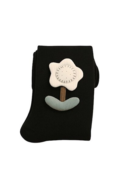 Mixbo - Children's Tights with Sole, Black, Flower, Thick Cotton, 70 cm