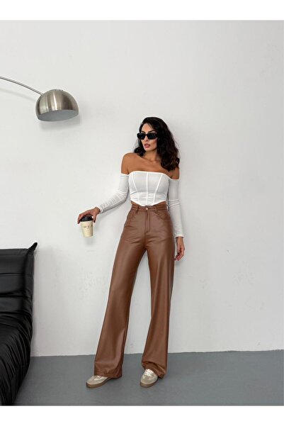XBELLA DENİM Women's Brown Velvet Inside Shard Fleece-Lined Rali Synthetic Leather High Waist Wide Leg Pants