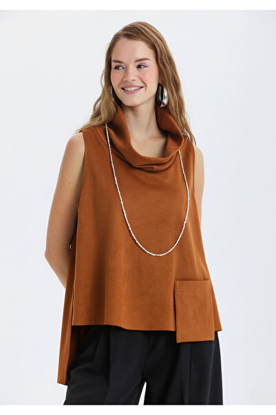Clandestino Asymmetrical Collar Detailed Suede Blouse Brown