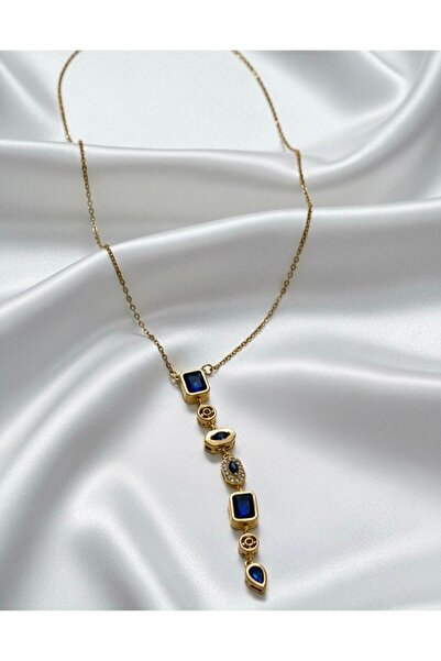NUR TASARIM ATÖLYESİ Women's 7 Element Y-Shaped Steel Necklace-Gold Navy Blue...
