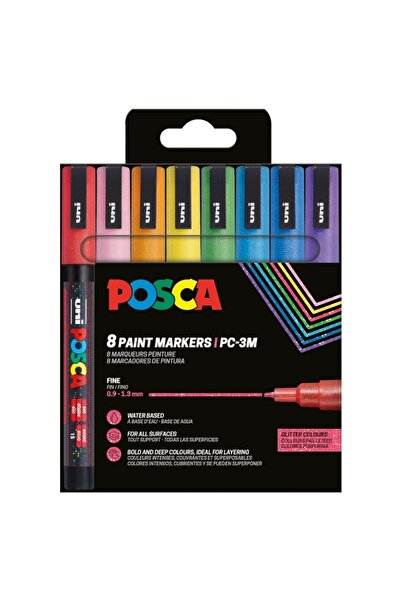 Uni Posca PC-3 ML Marker Set, round tip 0.9-1.3 mm, 8 colors with glitter