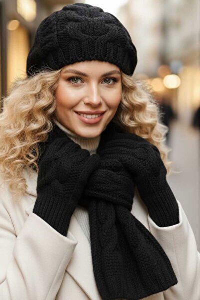 Mood Agenda Women's Knitted Patterned Beanie Scarf Gloves Set