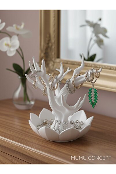 Mumu Lotus Takı Standı, Şık Takı Organizeri ,Yüzük, Küpe, Bileklik Askılığı Dekoratif Takı Ağacı Beyaz