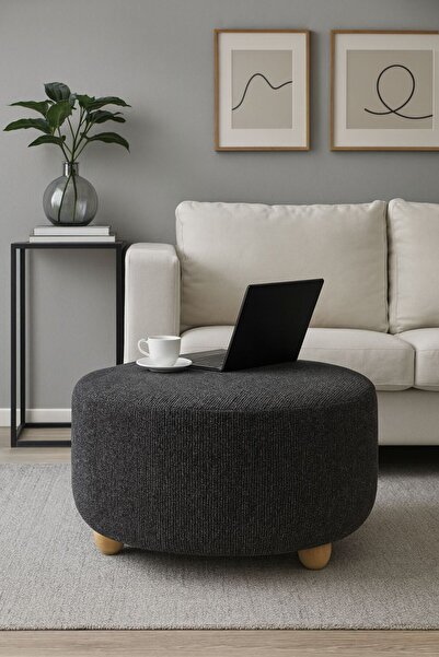 WEBPANYA Gürgen Ahşap Ayak Xlarge Geniş Oturma Alanı Antrasit Renk Kumaş Puf Bench Orta Sehpa