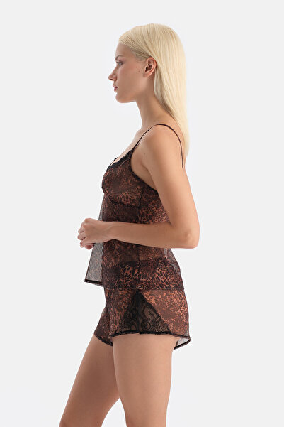 Dagi Brown Lace Detailed Tulle Camisole Set