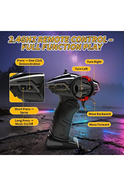 DEERC RC car 1:16 4WD with LED, music, steam, dual battery, 40 min autonomy, remote control