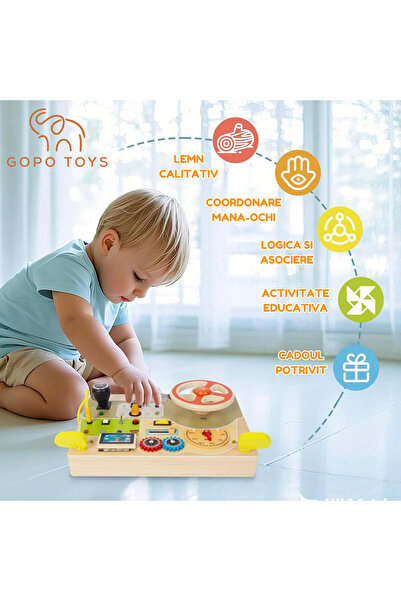 Gopo Toys Jucarie Educativa Montessori pentru Copii - Tableta din Lemn cu Circuit Luminos si Volan