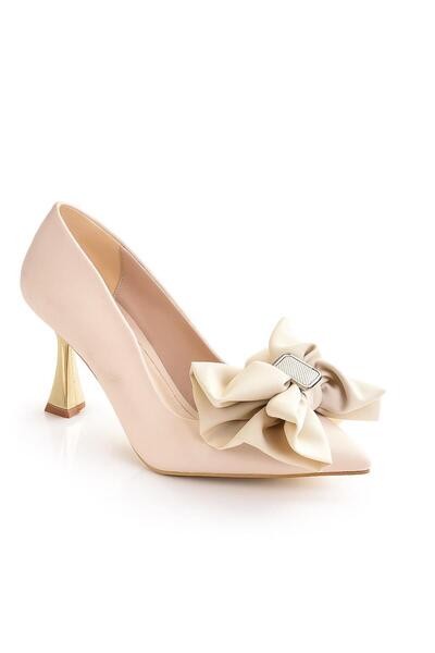 MODAONN Women's Gold Heel Satin Bow Detailed Heeled Shoes