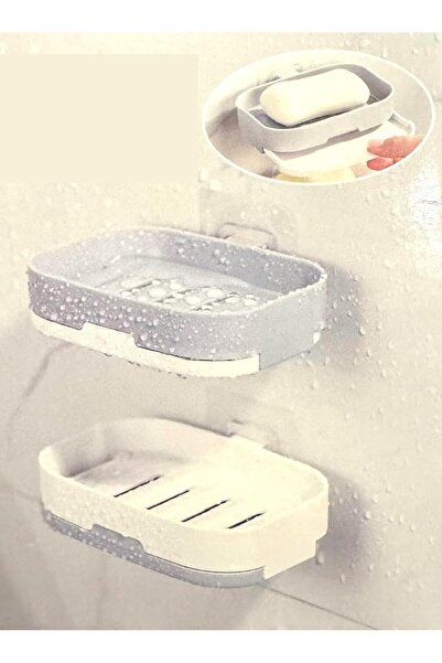 Generic Soap Dishes, Wall Mounted Self-Adhesive Draining Tray Rack with Detachable Hanger (Grey/White)