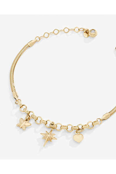 zerdezar gold 14 Ayar Kalpli,Kelebekli,Yıldızlı Charmlı Ezme Bileklik