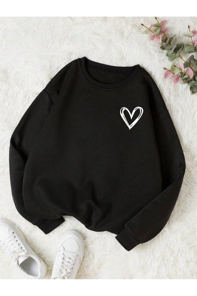 LAMASTRE Black Circular Neck with Heart Print - Black Bas Printed Size