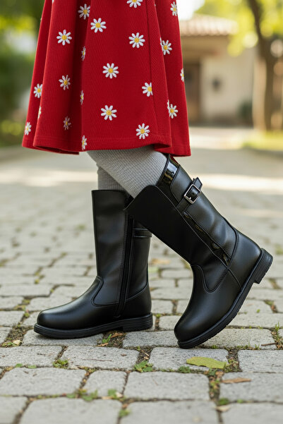 Rimex Kız Çocuk Siyah Kışlık Deri Bot – Su Geçirmez, Fermuarlı ve Tokalı, Kay...