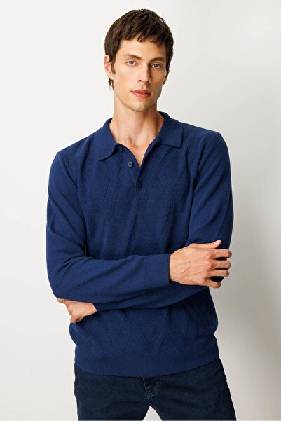 Desen Triko Men's Polo Neck Straw Knit Baklava Yürütmeli Wool Sweater Indigo