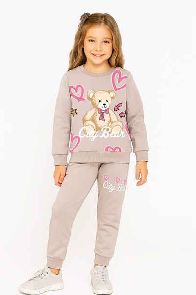 MODANINO Girl's 2-Thread Plain Teddy Bear B Printed Top-Bottom Set-3 -10 Years Old 12415