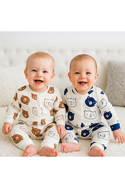 AKİ MODA KİDS Baby Boy Newborn 1-3-6 Months Teddy Bear Patterned Cotton 2-Piece Newborn Outfit