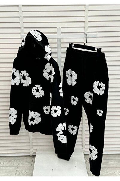 Afri Hooded Black Color Floral Patterned Oversized 3 Thread Men's Tracksuit Set - 100% Cotton