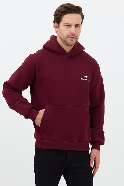 Sparrow Men's Oversized Hooded Sweatshirt Cotton Kangaroo Pocket Embroidered 3 Thread