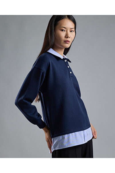 R&B Color Block Collared Sweatshirt with Long Sleeves