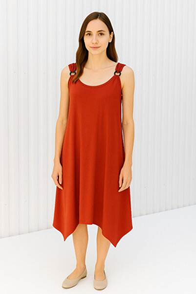 metsawear Plus Size Brick Color Relaxed Fit Ring Strap Cotton Combed Dress