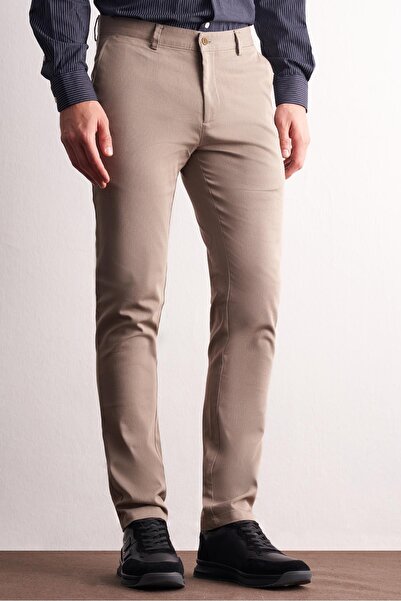 İmza - Dark Beige Side Pocket Straight Leg Cotton Slim Fit Chino Casual Trousers 1003255165