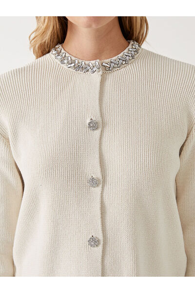 LC Waikiki LCW Vision Ekru Bisiklet Yaka Taşlı Kadın Triko Hırka