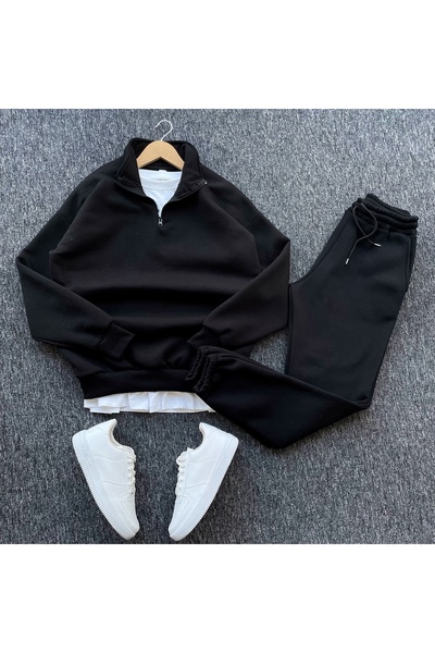 Pablomoda Unisex 2-Piece Combination Black Half-Zip Three-Thread Cotton Sweatshirt and Sweatpants Set