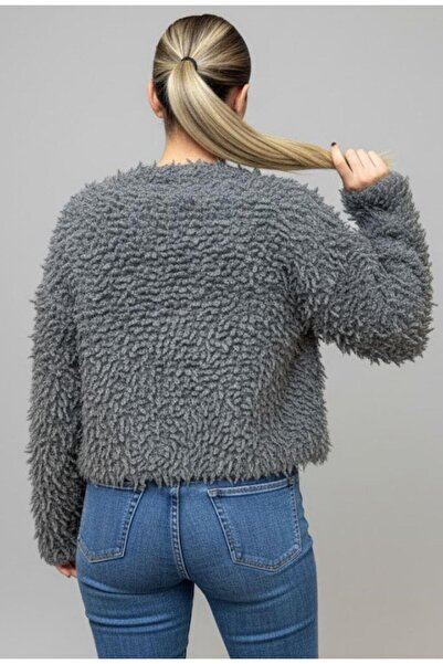 Afri Women's Gray Buttoned Cardigan – Soft Fuzzy Textured Warm Knitwear Cardigan