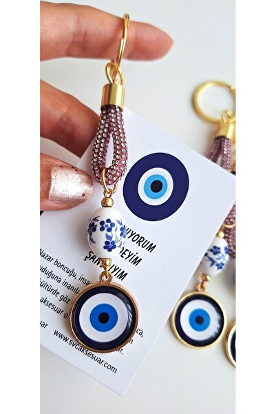 Svc Aksesuar Breloc cadou cu piatră de zircon roz și mărgele de ochi rău - 12 cm