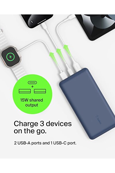 Belkin 20000mAh Power Bank 20K Portable Charger 15W 3 Ports USB C Battery Pack for iPhone Samsung