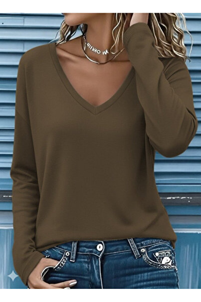 JANES Γυναικεία μακρυμάνικη μπλούζα με λαιμόκοψη V με δύο κλωστές βισκόζης