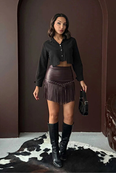 cemo Women's Tasseled Mini Skirt Studded Leather-Look Short Fringed Skirt Black