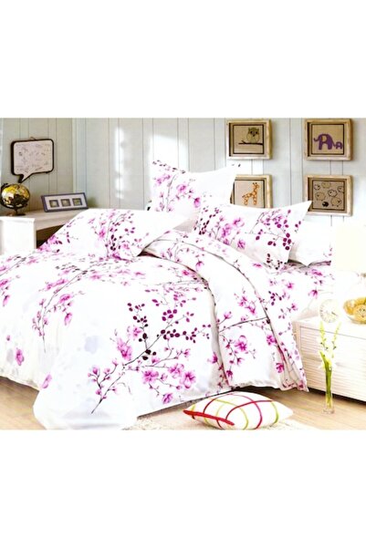 OMG Double Bed Bedding Set, White with Pink Floral Motifs, 4 Pieces