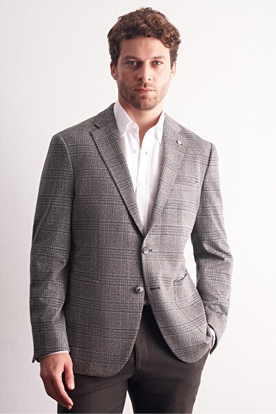 İmza Black Mono Collar Plaid Pattern Cotton 6 Drop Comfort Fit Classic Jacket 1002255152