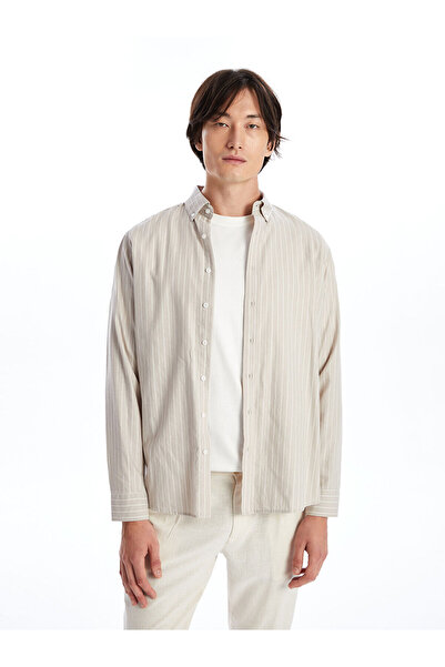 LC Waikiki Beige Regular Fit Long Sleeve Striped Poplin Men's Shirt