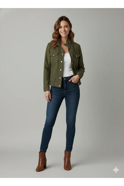 cemo Women's Tan Elegant Short Jacket with Buckle Detail Mock Neck Pockets Suede/Cashmere Spring Jacket