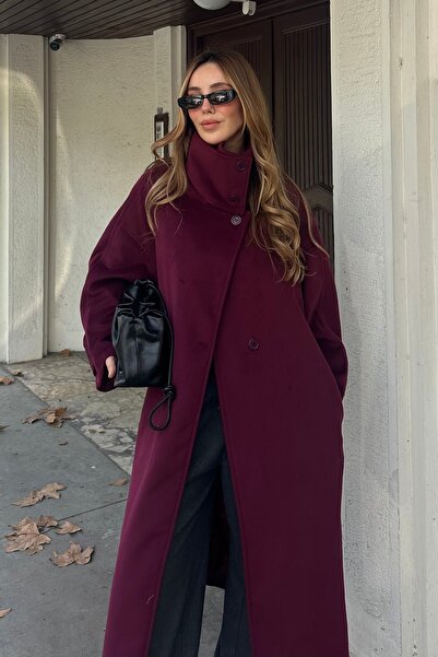 Laluvia Burgundy Vittoria Buttoned Collar Coat - 2511