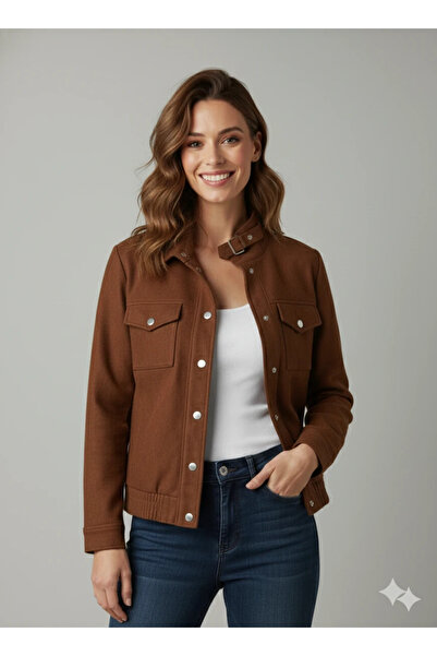 cemo Women's Tan Elegant Short Jacket with Buckle Detail Mock Neck Pockets Suede/Cashmere Spring Jacket